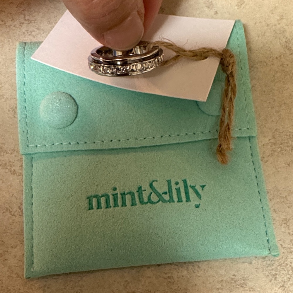 Mint & Lily Silver spinner Ring size 8 with Aqua Pouch brand new